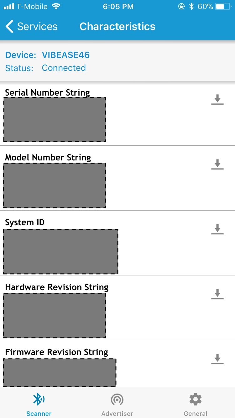 Vibease 设备信息服务的屏幕截图。