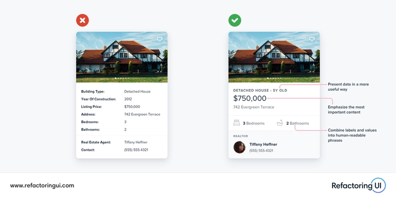 两张卡片示例:一张卡片信息展示简洁,另一张卡片则通过字体粗细、不同字号、头像等方式来展示信息……