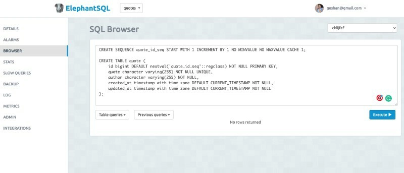 在 Elephant SQL 接口上创建报价表