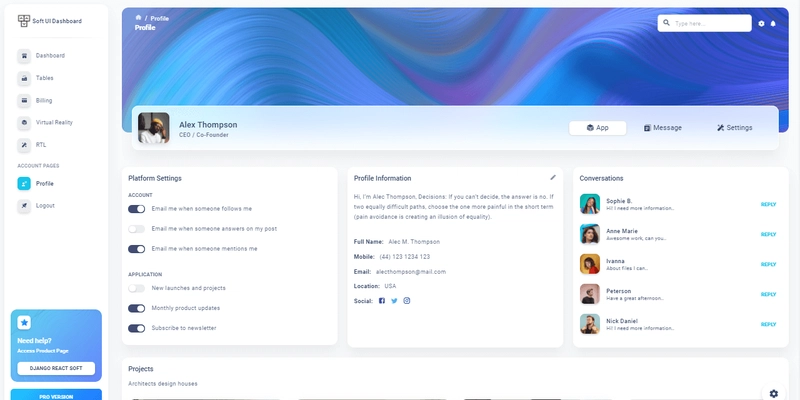 React Django Soft Dashboard - 个人资料页面。