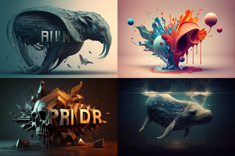 4 幅图像生成，第一幅是一个奇怪的象头附着在一个奇怪的树状结构上，第二幅是色彩斑斓的泼溅，第三幅是一个骷髅头与一些 3D 几何形状的组合，第四幅是一种看起来像是鲸鱼和海牛混合体的海洋生物。