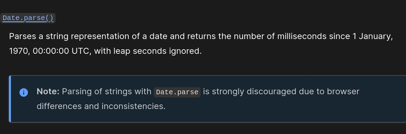 文档上的对话框提示：注意：由于浏览器差异和不一致，强烈建议不要使用 Date.parse 解析字符串。