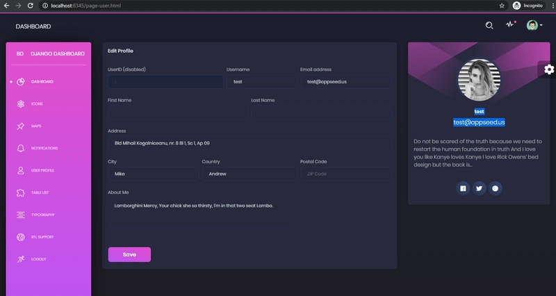 Django Dashboard Black - 开源管理面板注册屏幕。