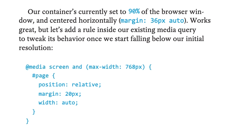 无文本：我们的容器当前设置为浏览器窗口的 90%，并且水平居中（边距：36px 自动）。效果很好，但是让我们在现有的媒体查询中添加一条规则，以便在我们开始低于初始分辨率时调整其行为。 Abaixo desse texto, um código de uma media query redefinindo oo tamanho da página