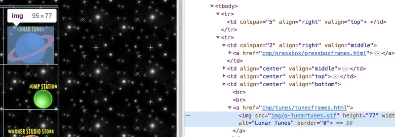 打印 devTools 检查并在 Space Jam 表格中进行检查。 Na célula,一个图像 com seu alinhamento 和 vários <br> acima dela