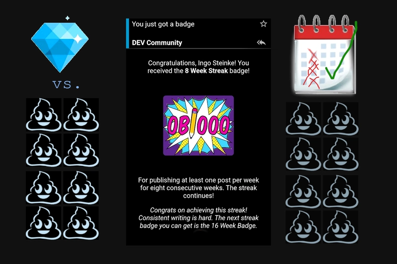 8 连胜徽章的拼贴画，以及带有每周勾号、钻石和大量便便图案的日历表情符号剪贴画。