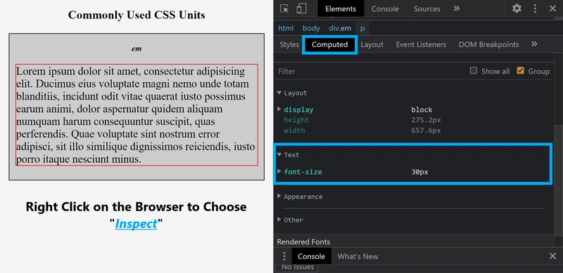 段落字体大小以 em 为单位定义。