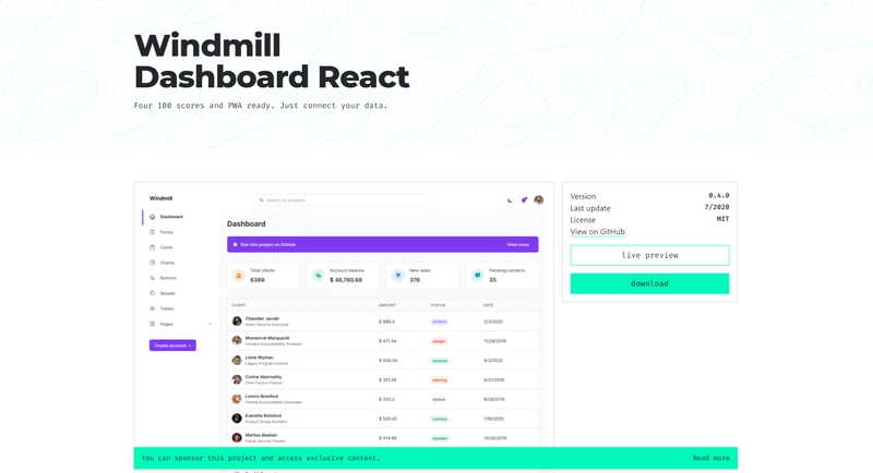React模板 - Windmill仪表盘（免费）。