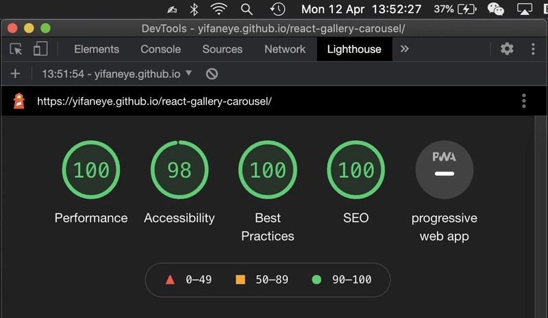 Lighthouse 报告对 react-gallery-carousel 的演示网站进行了评测。