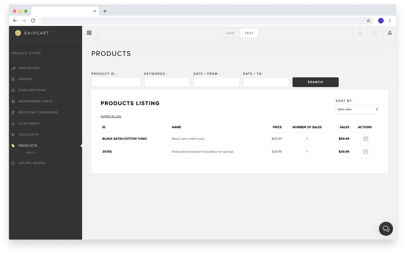 一旦您的商店在可公开访问的网址上线，Snipcart 就会将它在网站上找到的产品填充到商店中。