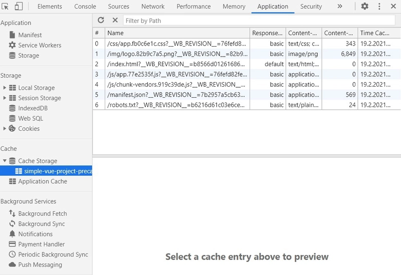 PWA 网页会缓存必要的资源。我们可以在应用程序选项卡中查看资源列表。