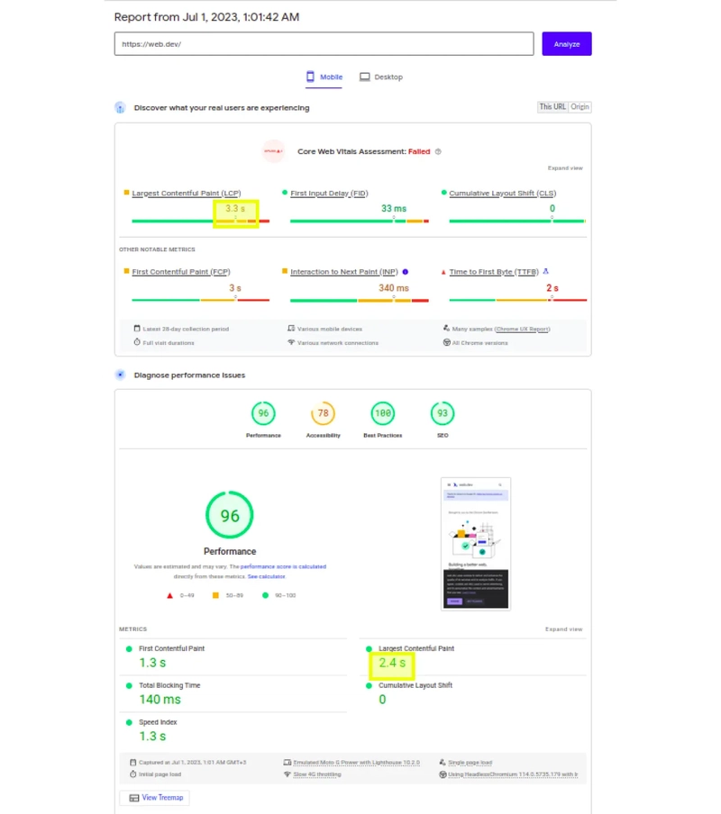 web.dev 上的 PageSpeed Insights 报告