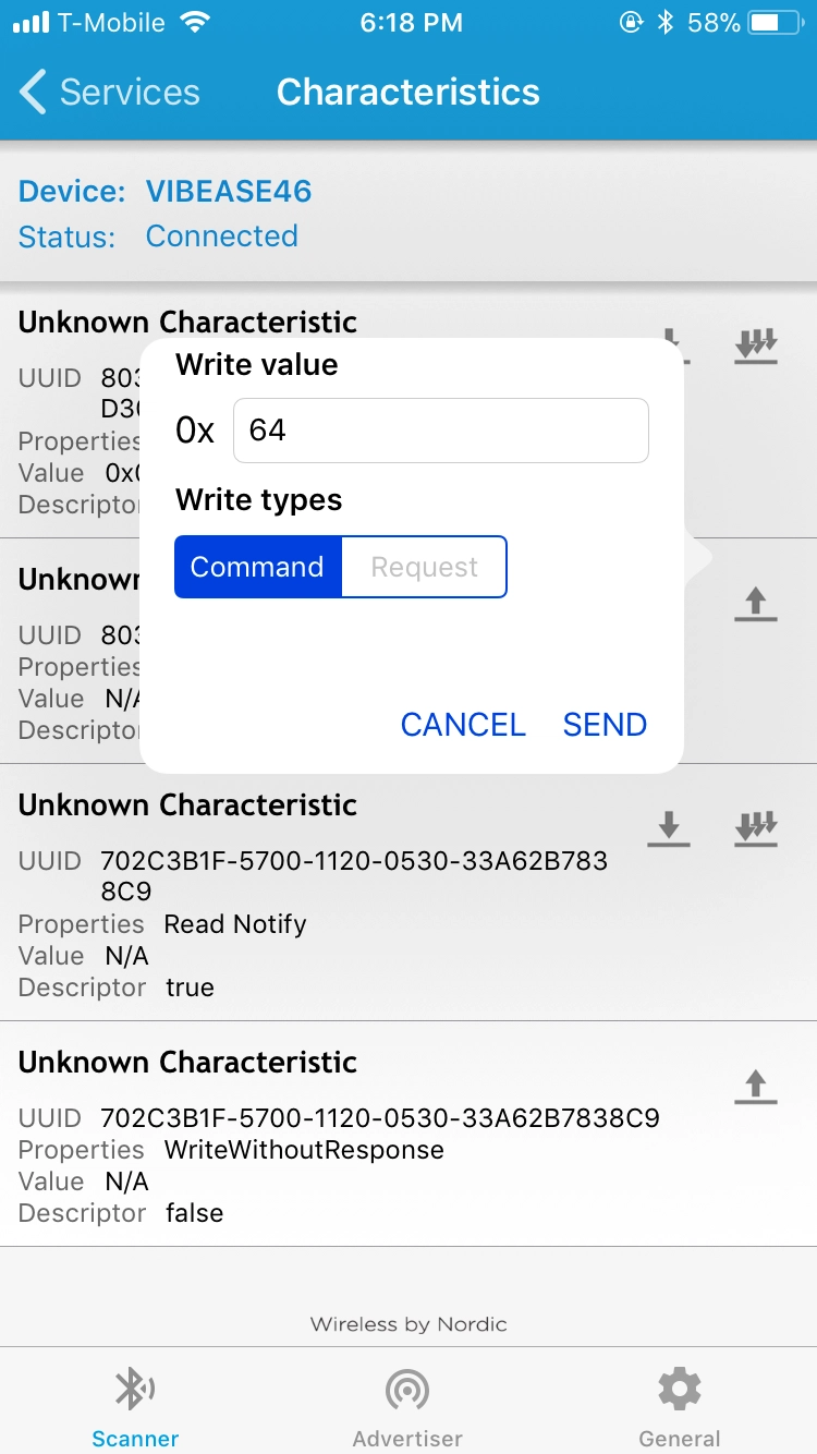 这是向 Vibease 电机写入 0x64 的屏幕截图。