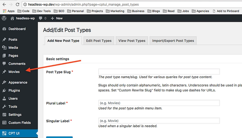 电影出现在 WordPress 仪表板侧栏中