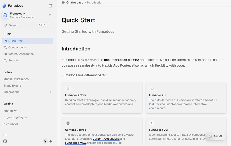 Fumadocs 页面，包含侧边栏、文本元素和卡片