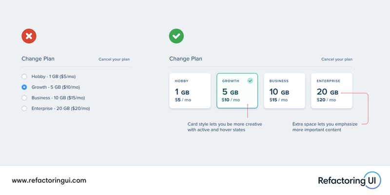 单选按钮列表的两个示例:一个显示普通的单选按钮,另一个将单选按钮显示为具有不同字体粗细、颜色和字号的独立小卡片……
