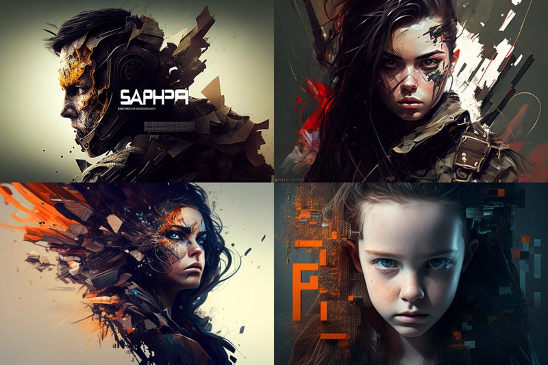 共生成4组图像，均为人物，但人物身上叠加了奇怪的几何图形和数字伪影。其中两幅图像以强烈的橙色和深灰色为主色调。