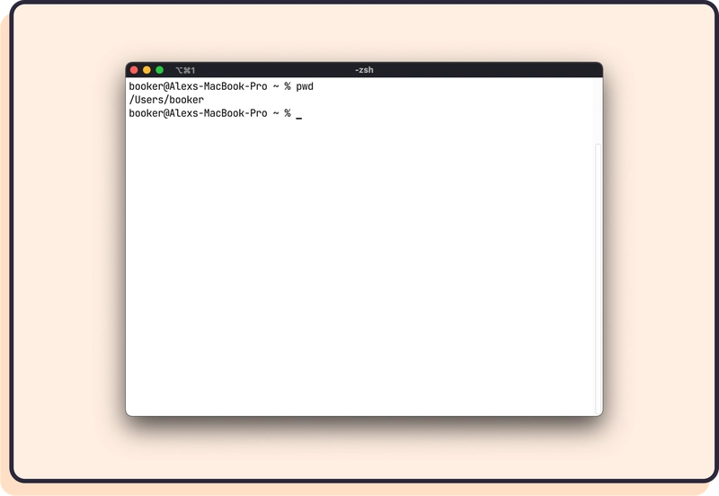 pwd 命令的实际应用。在本例中，它输出 /Users/booker。