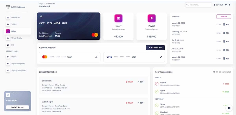 Soft Dashboard Tailwind CSS - 账单页面