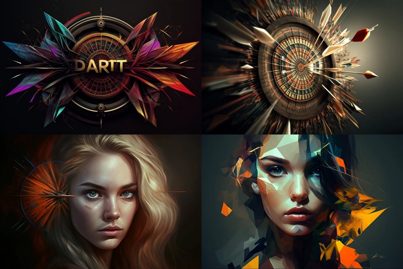 生成了4张图像，2张是飞镖靶，2张是身上有几何图形的人。第一张图像说：