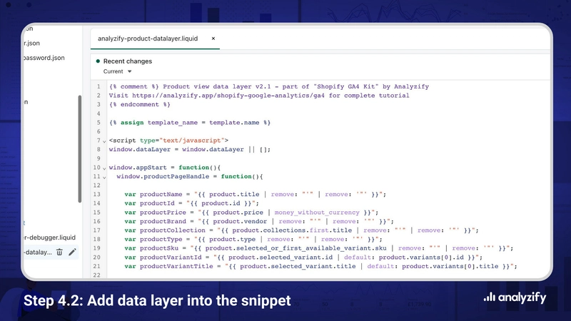 将分析产品视图数据层集成到 Shopify 代码片段中