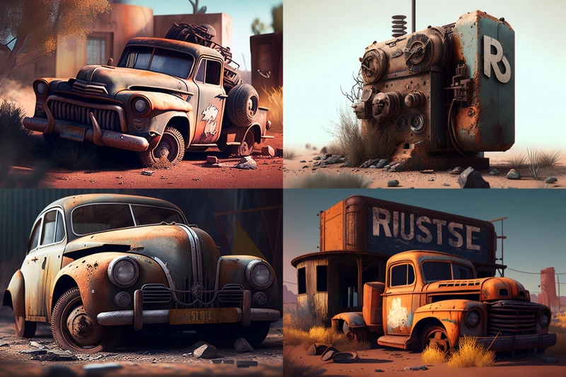 4 张图片，2 辆锈迹斑斑的卡车，1 辆锈迹斑斑的汽车和 1 件锈迹斑斑的机械，全部位于沙漠环境中。其中一张图片上有字母。