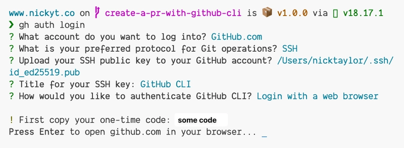 GitHub CLI 输出一段代码，你需要复制这段代码来完成登录过程。