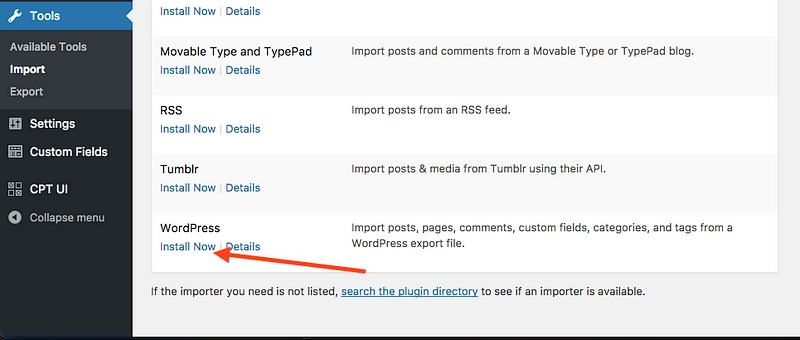 WordPress 导入屏幕的屏幕截图