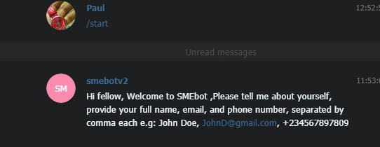 屏幕截图显示了我们的机器人（telegram-business）的响应，正如我们在之前的步骤中编程的那样