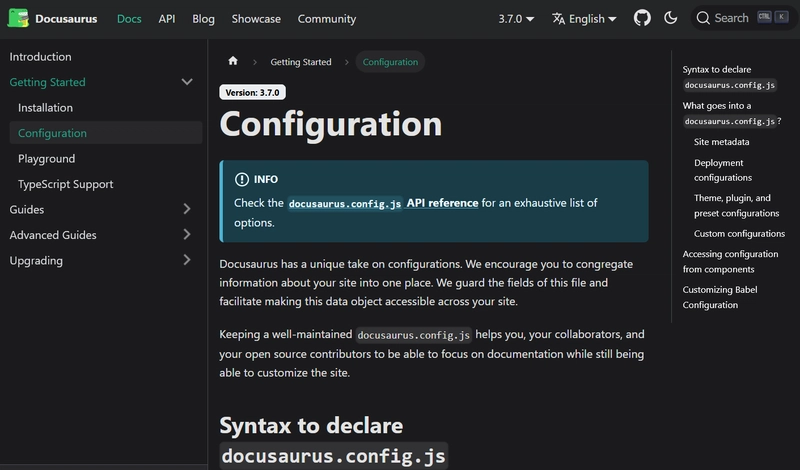 带有文本元素的 Docusaurus 配置页面