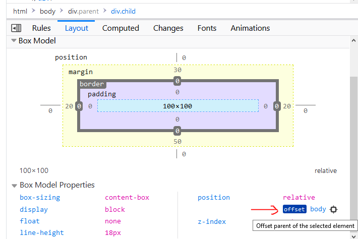 Box 模型显示了所选元素的偏移父元素