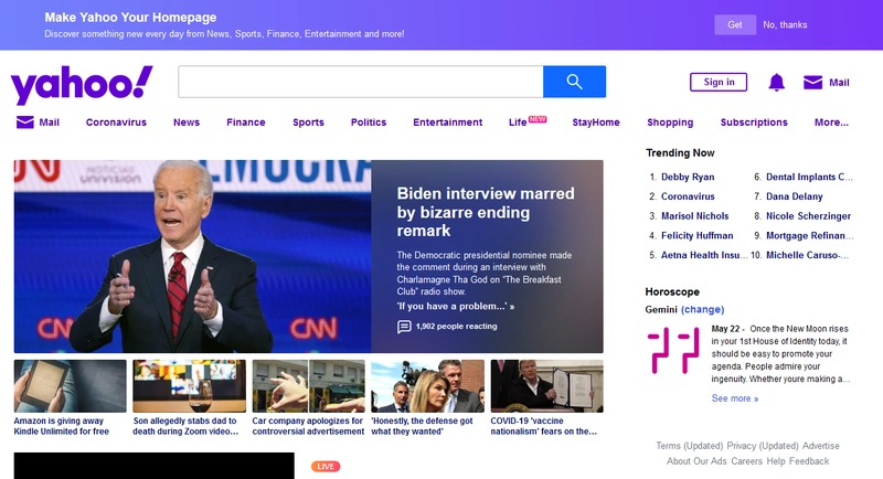 雅虎主页的部分内容（JavaScript 已禁用）