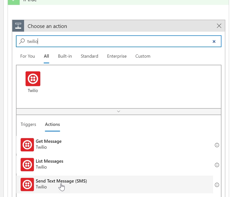 Twilio 搜索连接器的屏幕截图