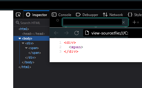 Firefox 检查器的屏幕截图,显示带有 span 的 DOM,该 span 具有结束 span 标签,但源代码没有该结束标签
