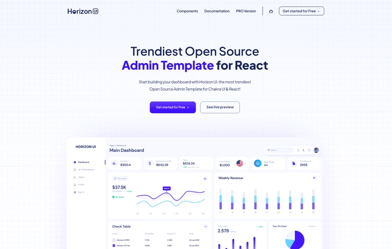 Horizo​​n UI Dashboard - 适用于 React、TailwindCSS 和 NextJS 的开源管理后台模板
