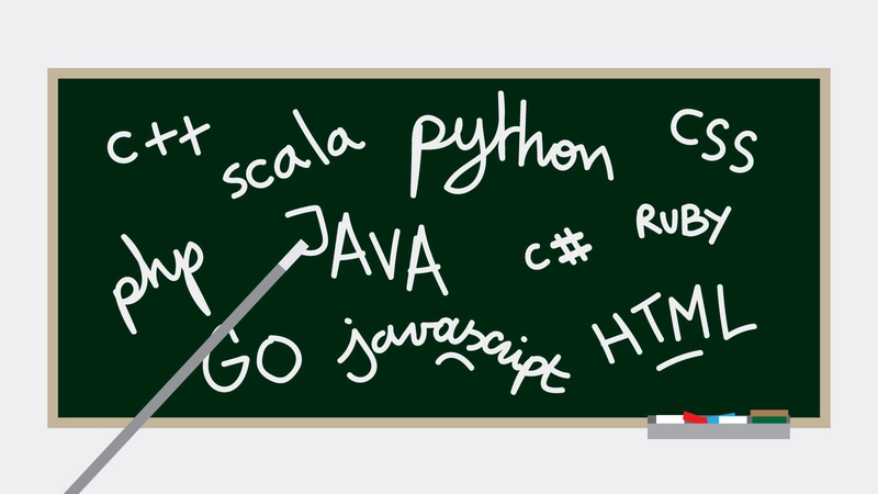 黑板上写着各种编程语言：C++、Scla、JavaScript、GO、PHP、Java、CSS、Ruby C#、HTML、Python