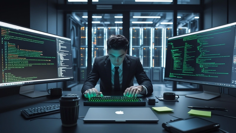 这是一幅时尚、现代的插图,展示了一位网络安全专业人员正在使用计算机,屏幕上显示着 Bash 命令。