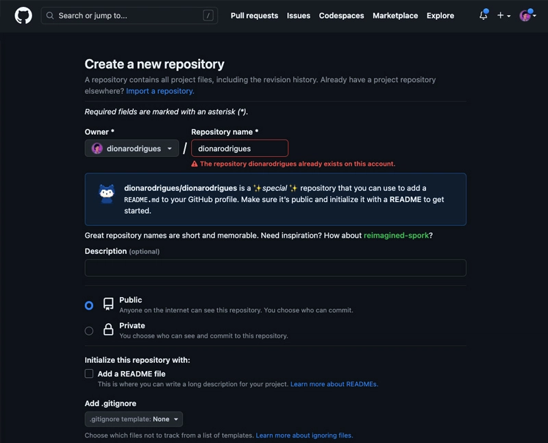 GitHub 新仓库页面