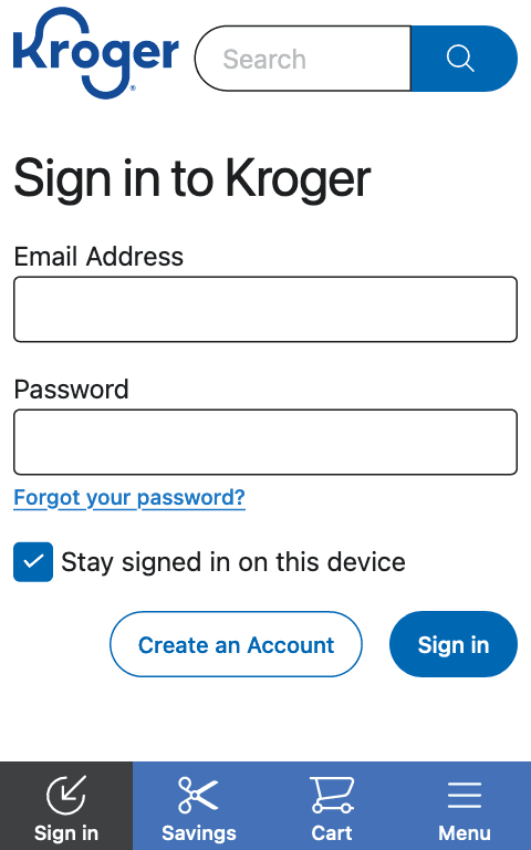 一个基本的登录页面,包含“登录 Kroger”标题、用户名字段、密码字段、“忘记密码?”链接、“在此设备上保持登录状态”复选框以及“登录”/“创建帐户”按钮。