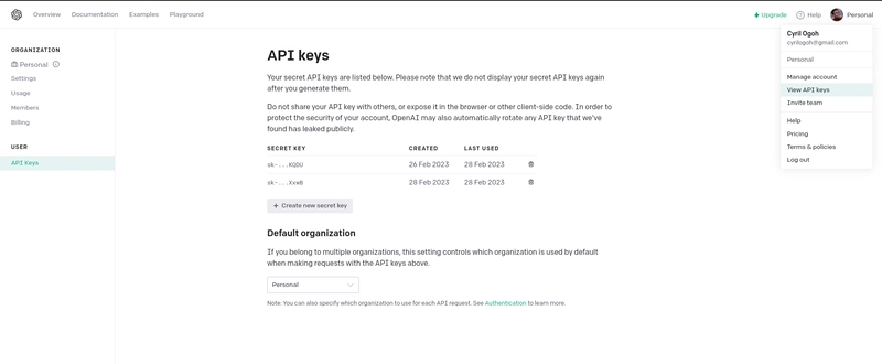 OpenAI API 密钥页面