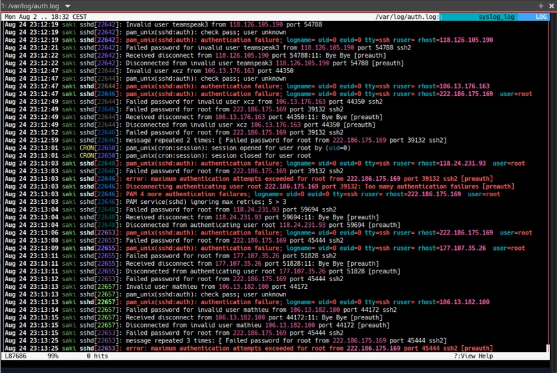auth.log 上的 lnav(是的,ssh 位于该系统的端口 22 上。)