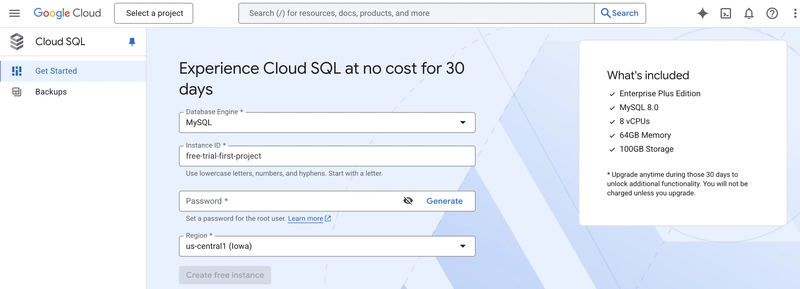 Cloud SQL 免费试用实例“开始使用”页面