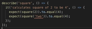 Microsoft Visual Studio Code 编辑器中 helpers.test.ts 源代码的屏幕截图,清楚地显示第 3 行的错误信号,其中使用字符串作为参数调用函数 square