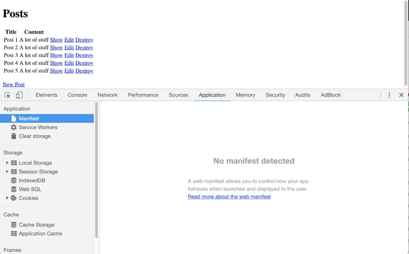 全新的 Rails 应用，没有任何 manifest.json 文件。