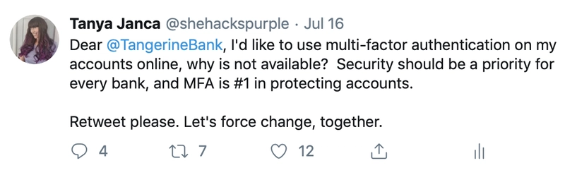 我因为加拿大银行缺乏多因素身份验证（MFA）而纠缠不休。