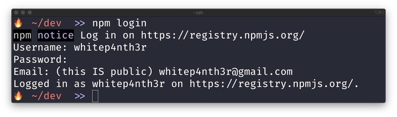 运行 `npm login` 命令后,终端输出的屏幕截图
