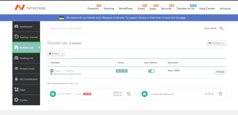 Namecheap 控制面板