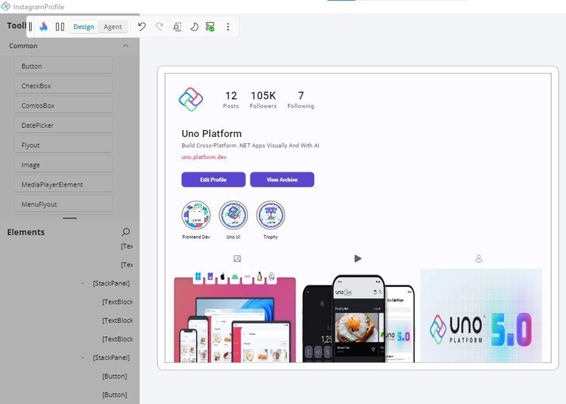 采用 Uno Platform Hot Design 设计的 Instagram 风格个人资料界面