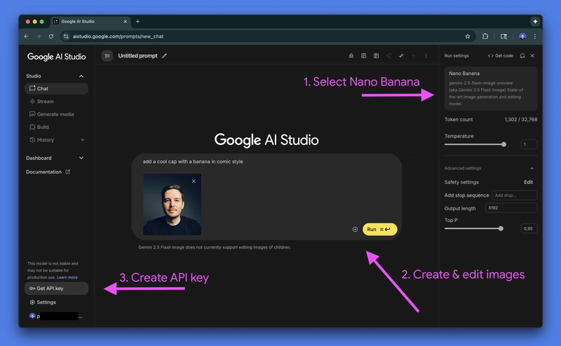 一张 Google AI Studio 界面的图片，显示了模型选择过程，其中已选择 Nano Banana 模型。