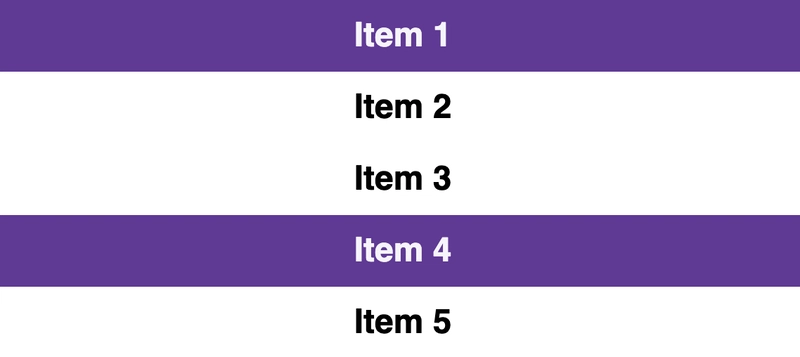 5 个堆叠项目，其中第一个和第四个应用了背景颜色：rebeccapurple